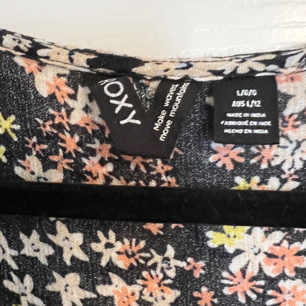 Roxy Floral Black Summer Flow Printed Mid Dress Large Spring Casual - Picture 3 of 4